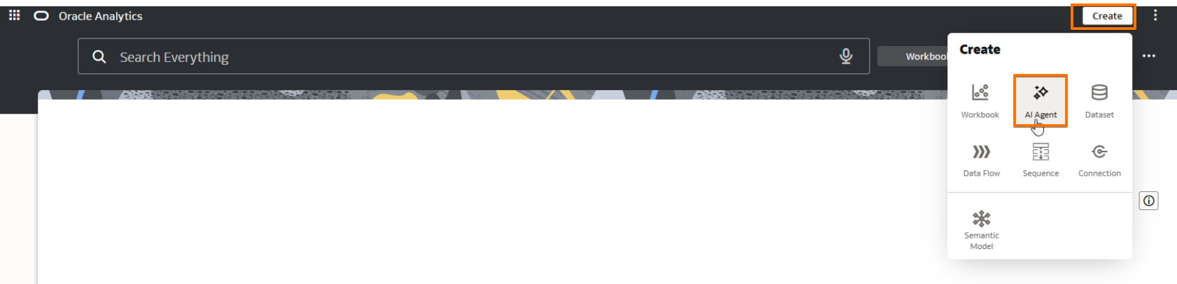 Screenshot: Create menu showing AI Agent option